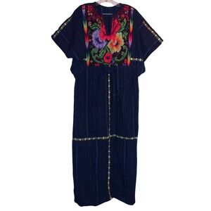 Handmade Mexican Huipil Floral Embroidered Maxi Dress Navy Blue Boho Kaftan